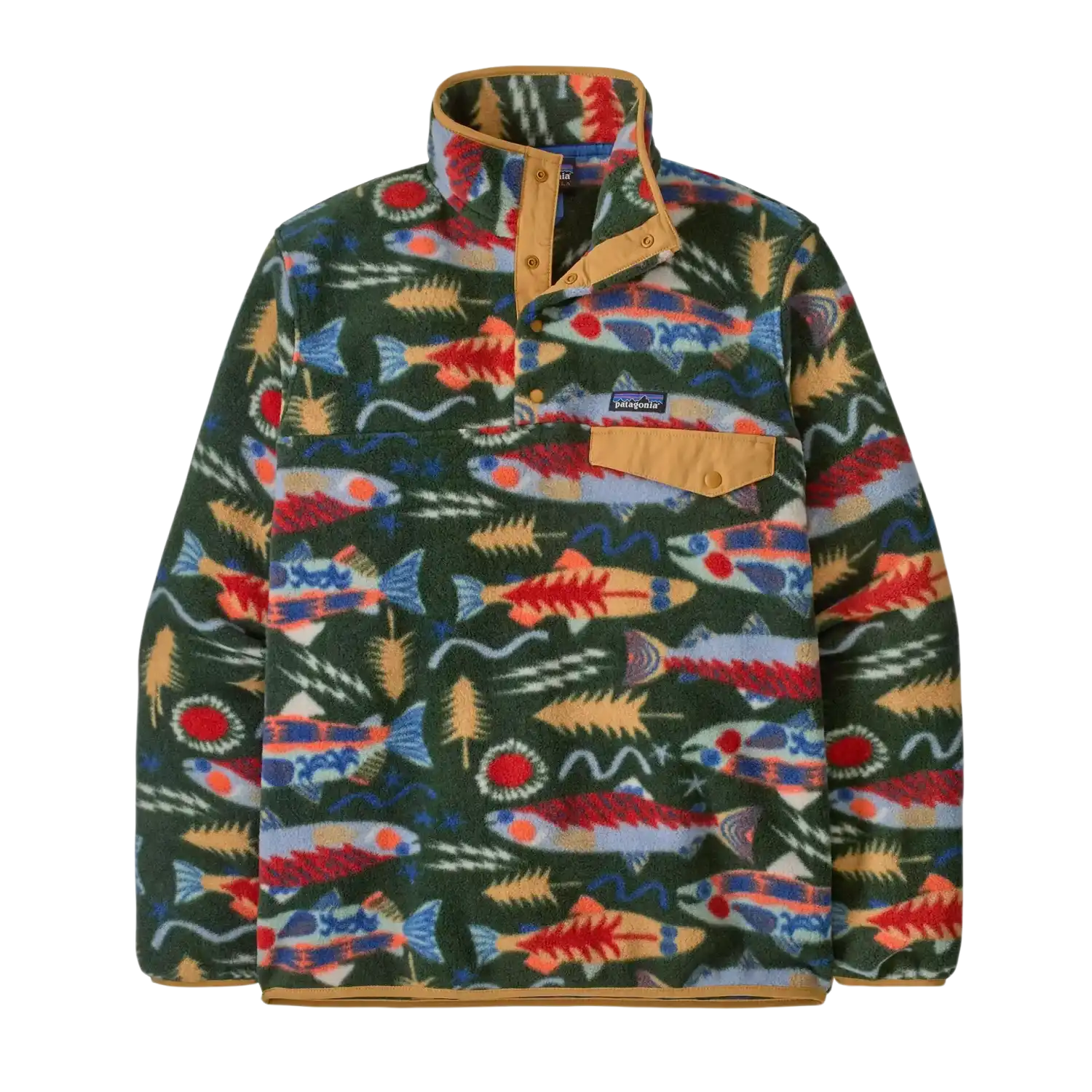 Patagonia Men's Lightweight Synchilla® Snap-T® Fleece Pullover in Salmon Energy Old Growth Green, front view flat