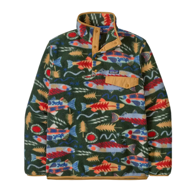 Patagonia Men's Lightweight Synchilla® Snap-T® Fleece Pullover in Salmon Energy Old Growth Green, front view flat