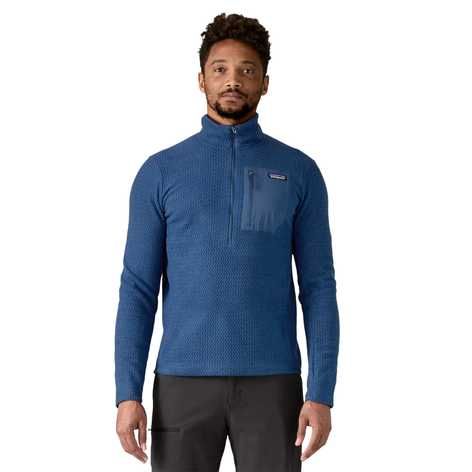 Patagonia Men's R1® Air Fleece Zip-Neck in Clement Blue, front view on model