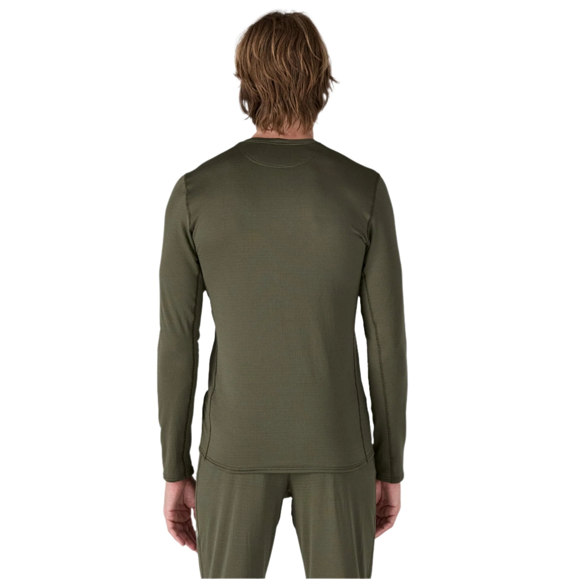 patagonia mens capiline thermal weight crewneck in pine needle green back model view