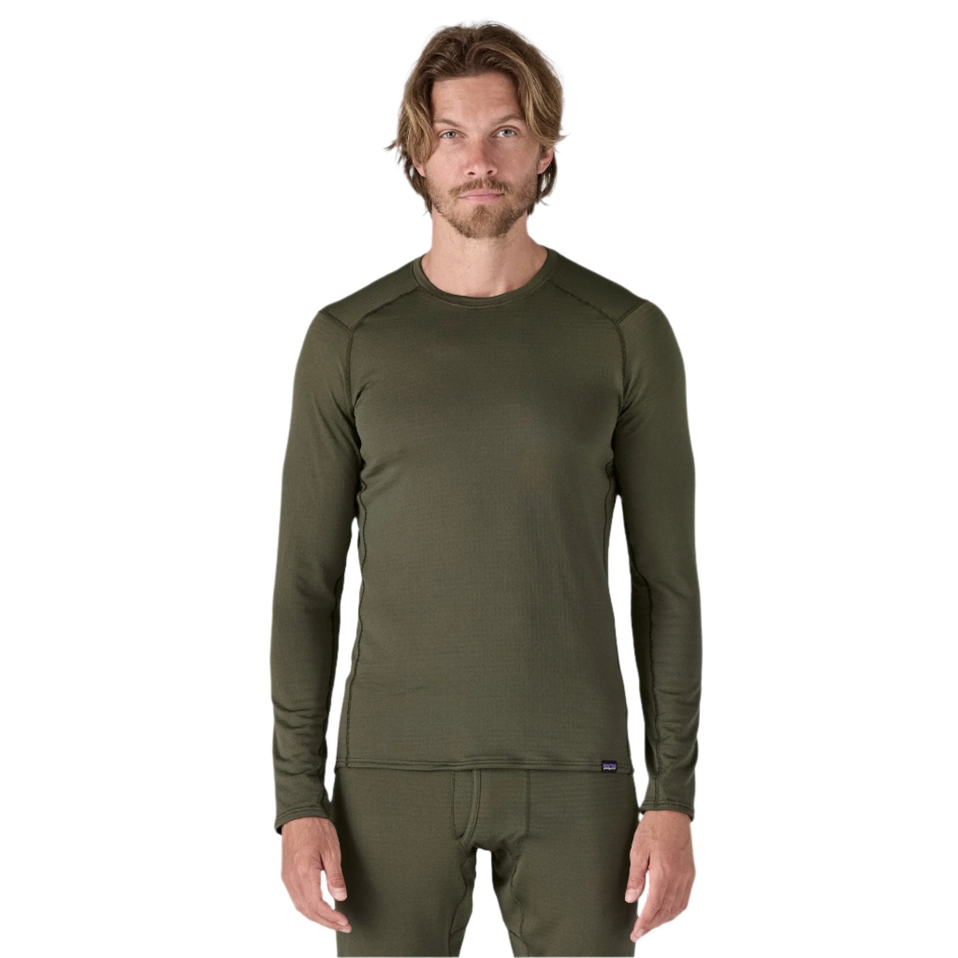 patagonia mens capiline thermal weight crewneck in pine needle green front model view