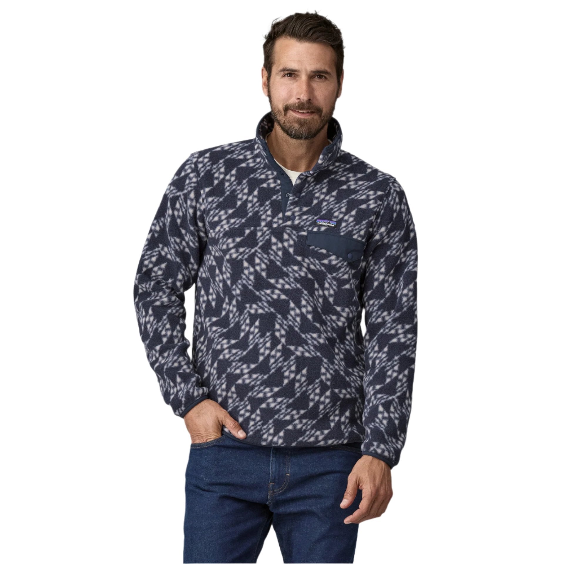 Patagonia mens lightweight synchilla stap t pullover in synched flight new navy front model view