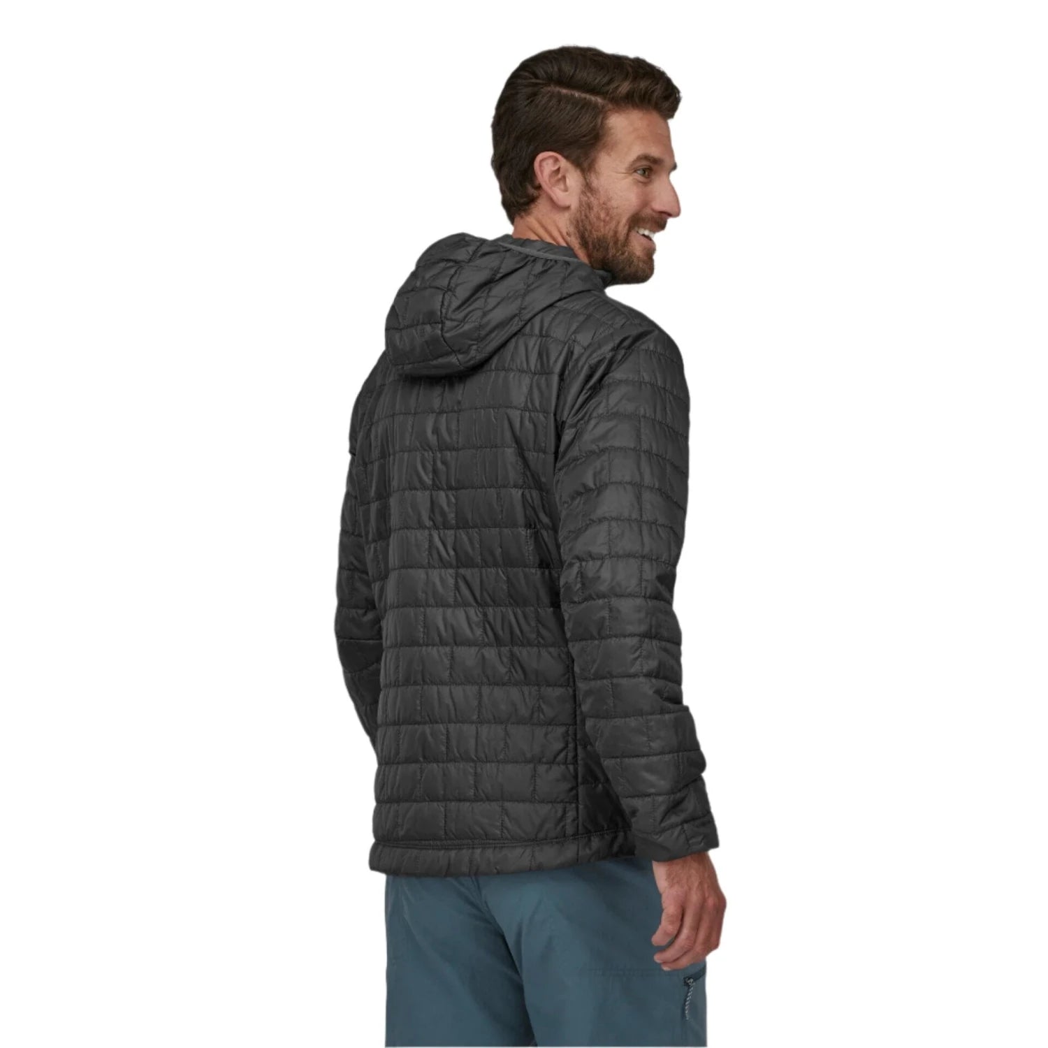 patagonia mens nano puff hoody in forge grey back model view