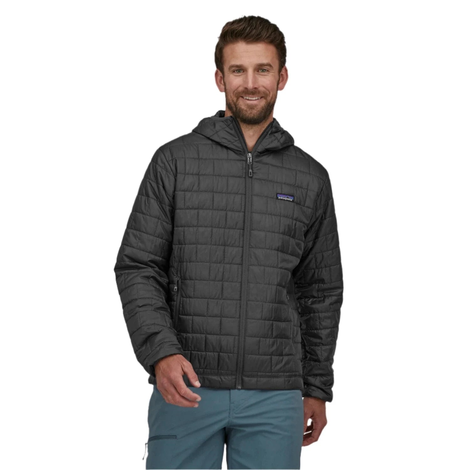 patagonia mens nano puff hoody in forge grey front model view