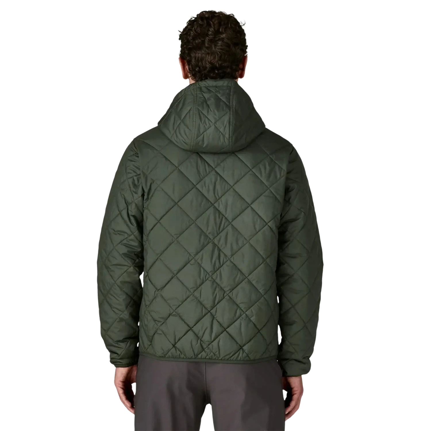 Patagonia Men's Diamond Quilted Bomber Insulated Hoody shown in the Old Growth Green color, back view on model.