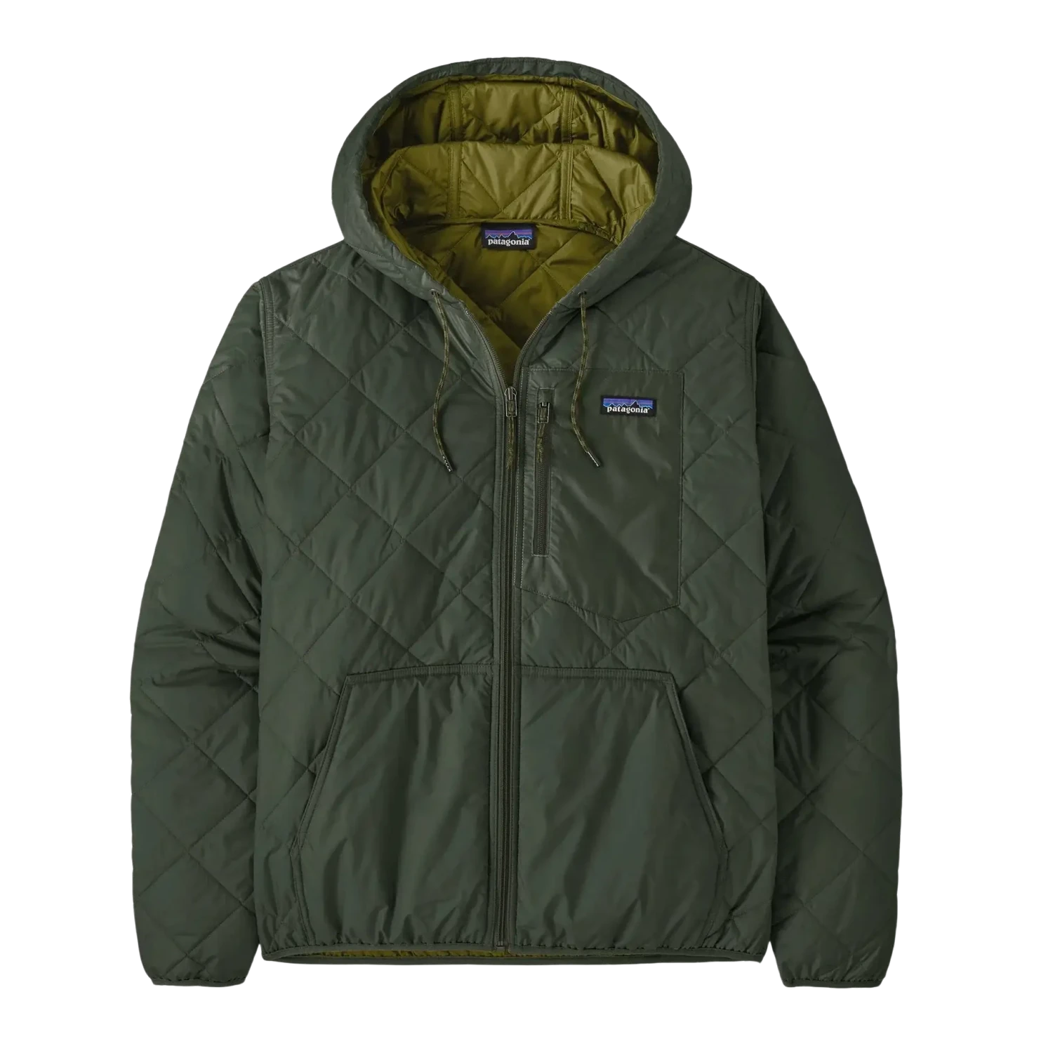 Patagonia Men's Diamond Quilted Bomber Insulated Hoody shown in the Old Growth Green color, front view.