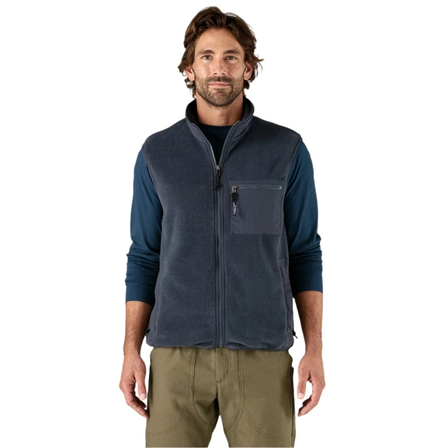 patagonia mens synchilla fleece vest in  smolder blue front model view