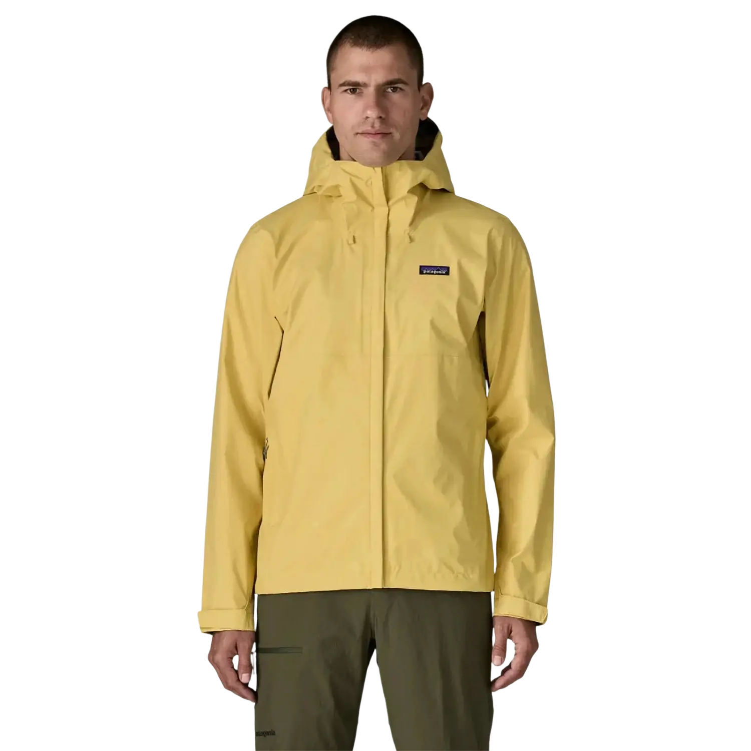 Patagonia Men's Torrentshell 3L Jacket in limestone yellow, on model front view