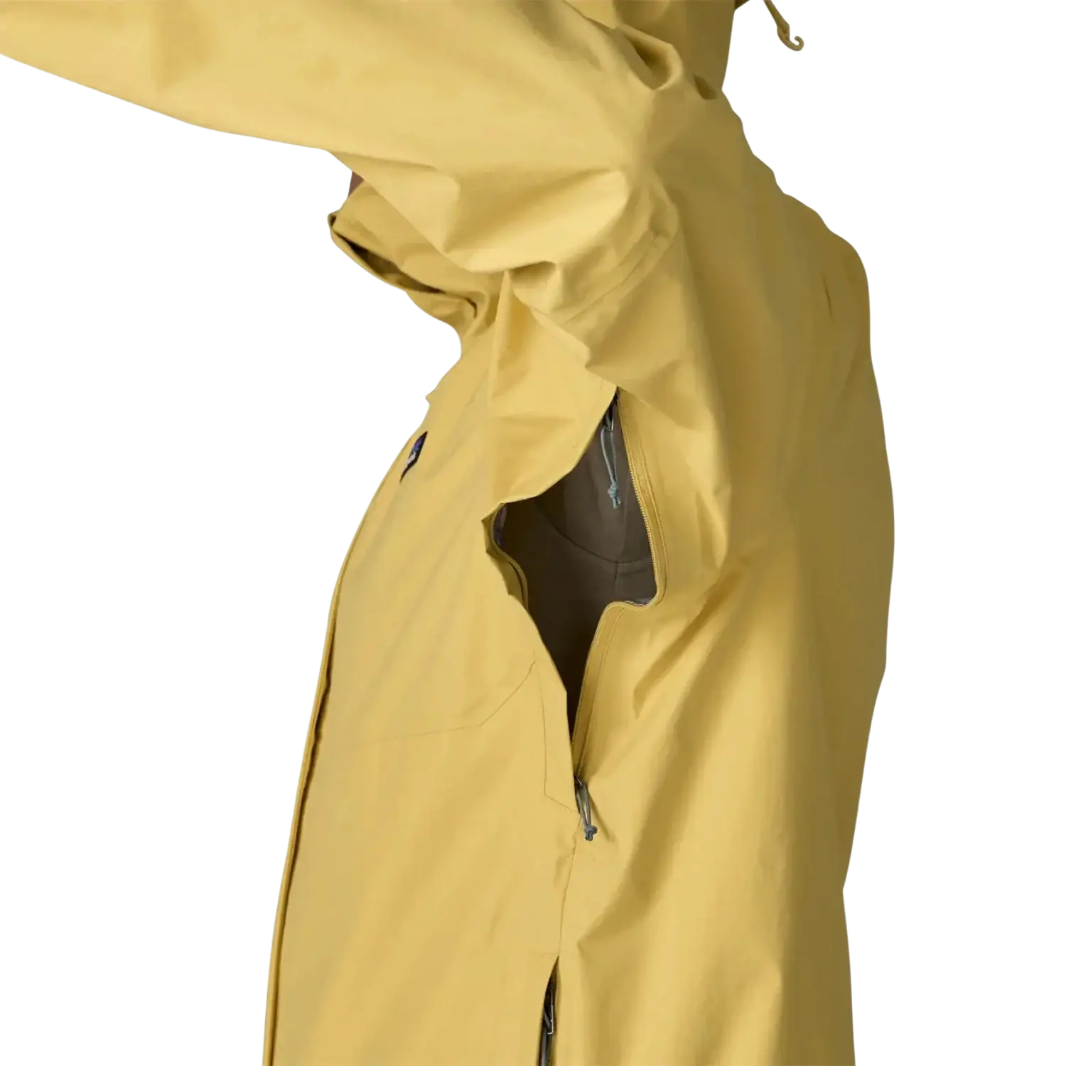 Patagonia Men's Torrentshell 3L Jacket in limestone yellow, on model pit zip detail view