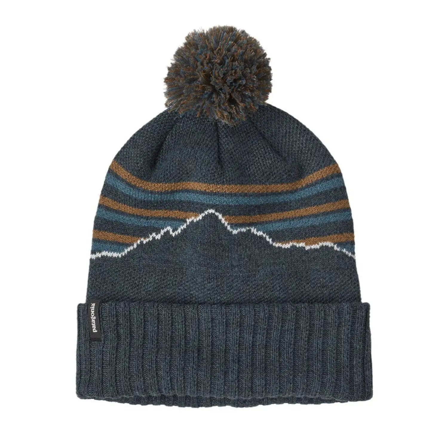 Patagonia Powder Town Beanie, Fitz Roy Stripe Knit Smolder Blue, front view flat