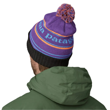 patagonia powder town beanie in park stripe purple back model view