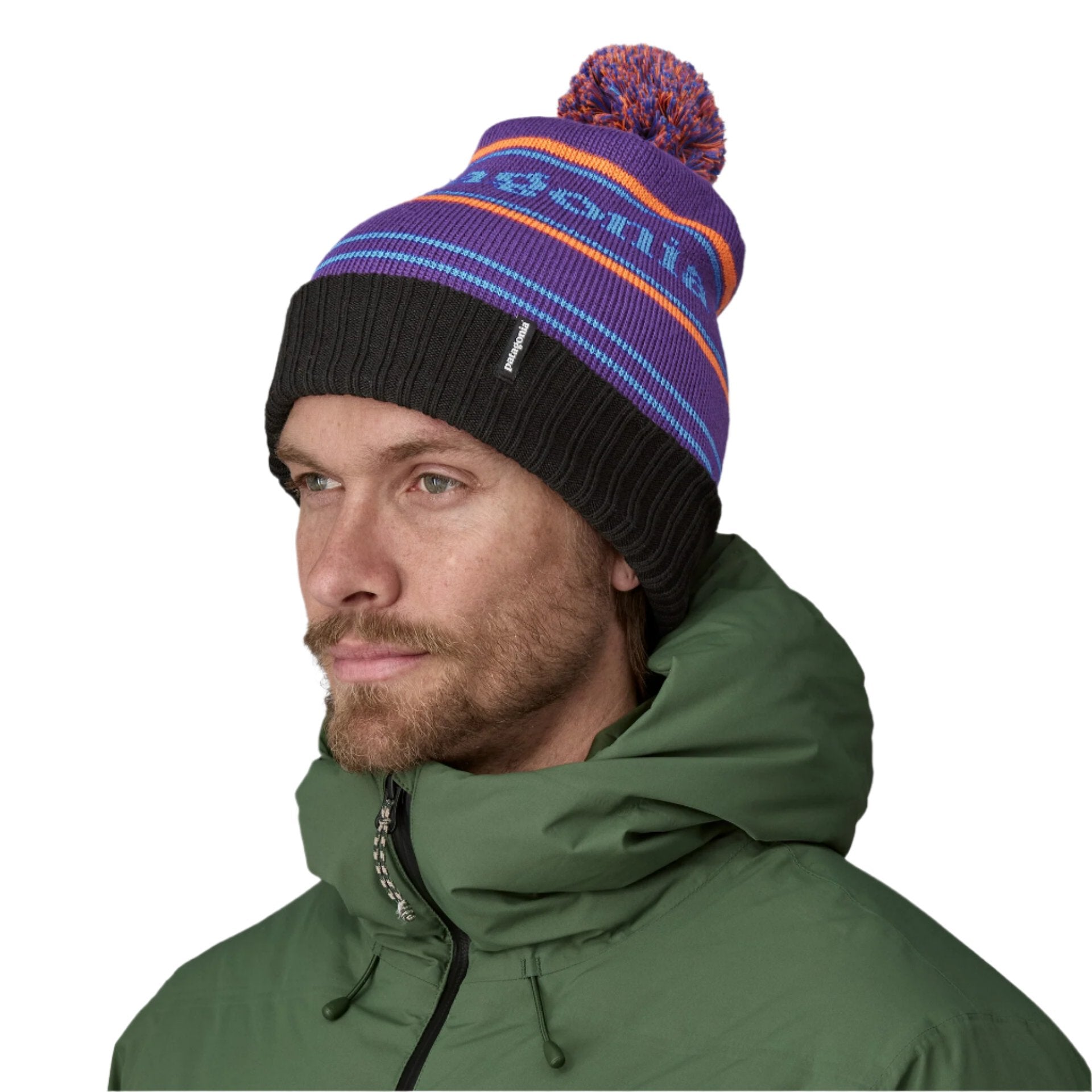 patagonia powder town beanie in park stripe purple front model view