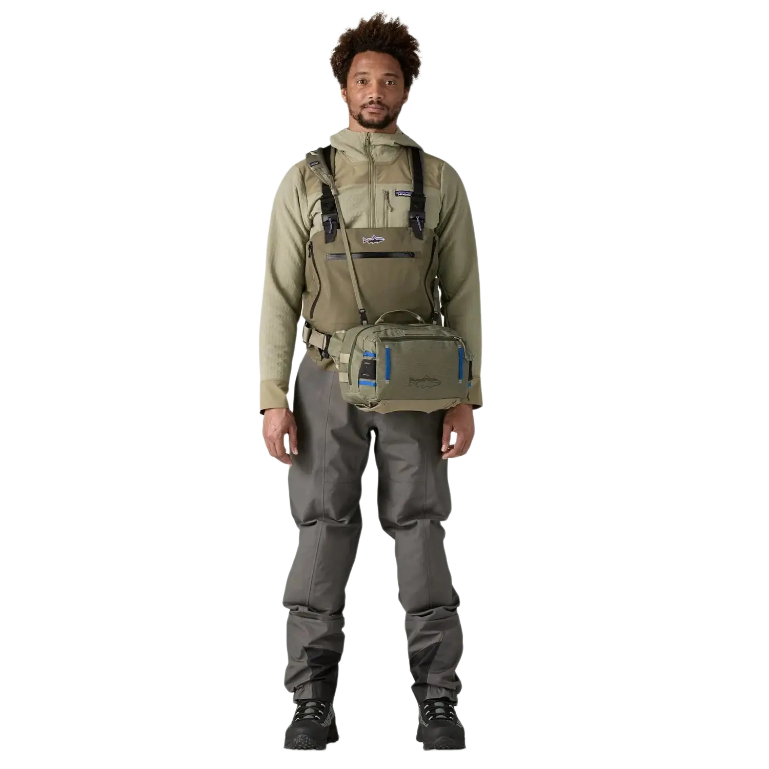 Patagonia Stealth Switch Fishing Pack 9L in forge grey, model front view hip pack