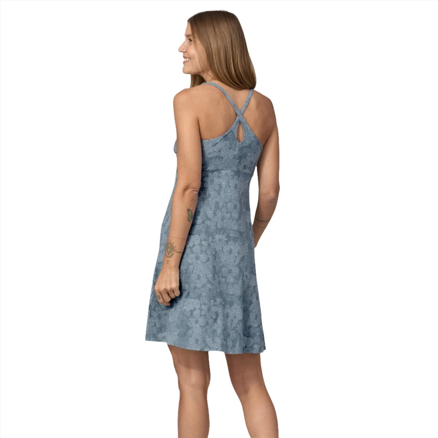Patagonia W's Amber Dawn Dress, Channeling Sping Light Plume Grey, back view on model