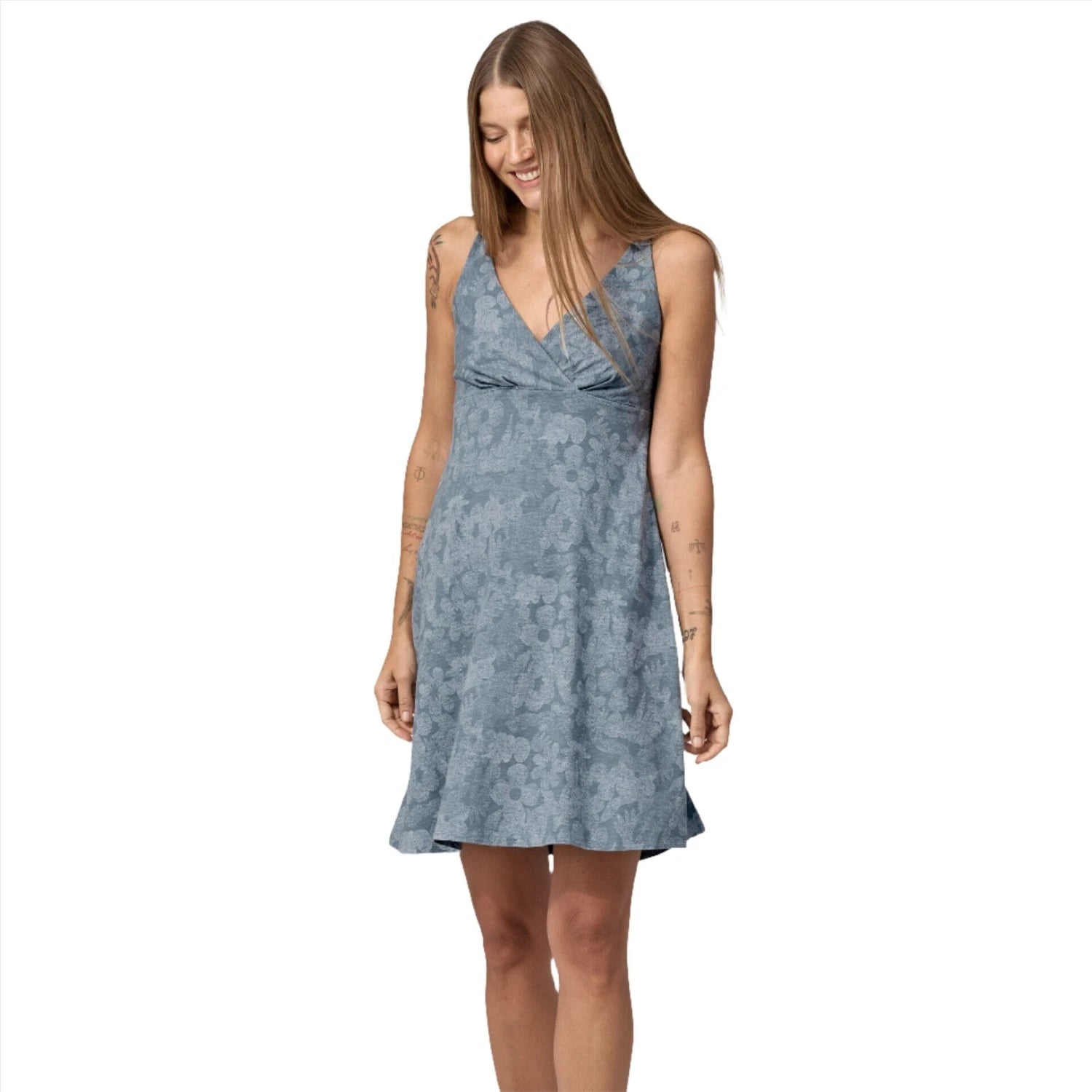 Patagonia W's Amber Dawn Dress, Channeling Sping Light Plume Grey, front view on model 