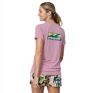Patagonia W's Capilene® Cool Daily Graphic Shirt - Waters, Boardshort Logo Mauve, back view on model 