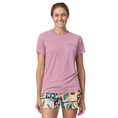 Patagonia W's Capilene® Cool Daily Graphic Shirt - Waters, Boardshort Logo Mauve, front view on model 
