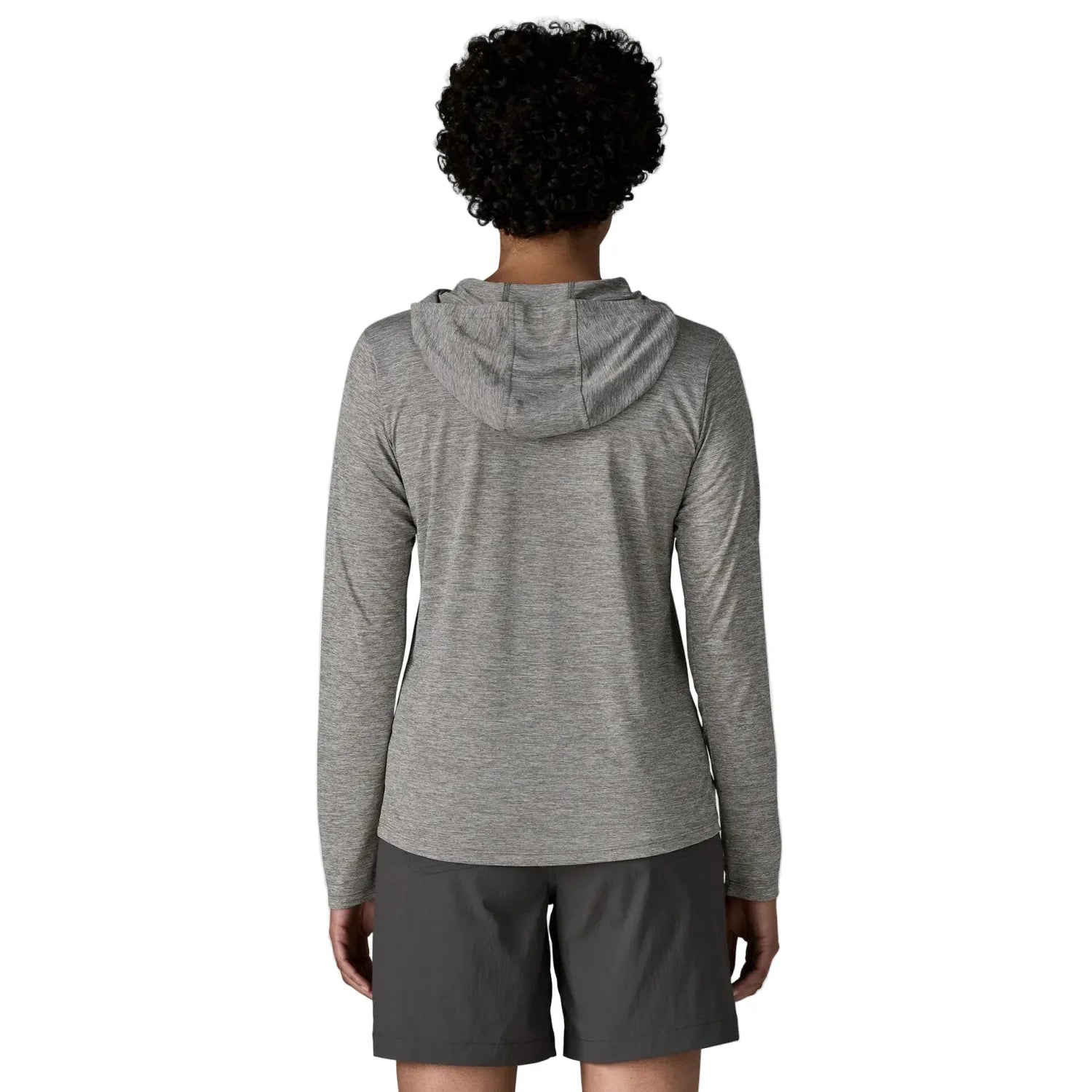 Patagonia Women's Capilene® Cool Daily Hoody - Fitz Roy Nimbus in Feather Grey, back view on model
