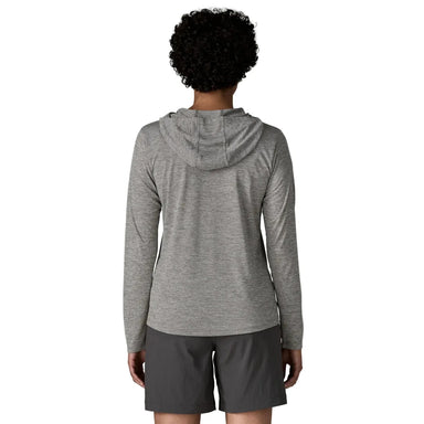 Patagonia Women's Capilene® Cool Daily Hoody - Fitz Roy Nimbus in Feather Grey, back view on model