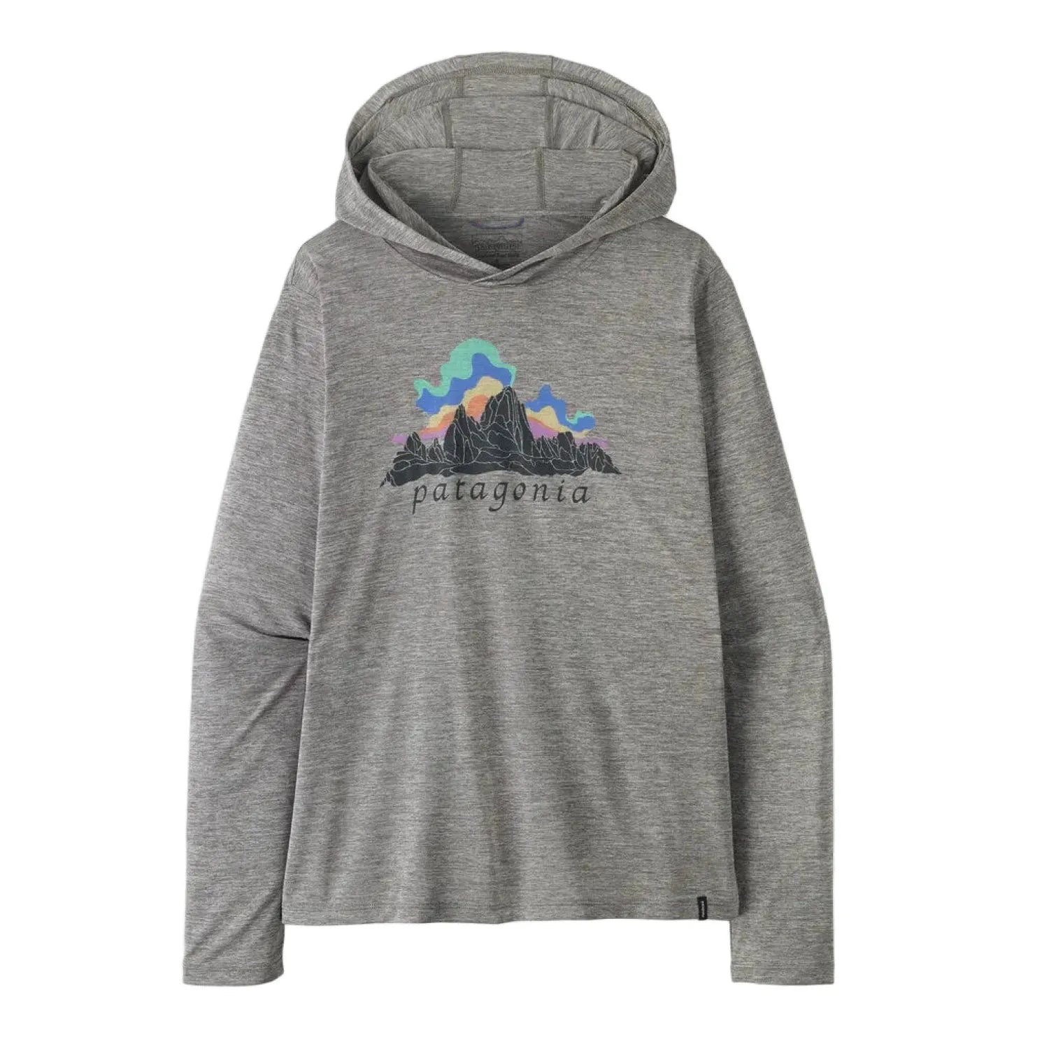 Patagonia Women's Capilene® Cool Daily Hoody - Fitz Roy Nimbus in Feather Grey, front view flat