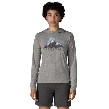 Patagonia Women's Capilene® Cool Daily Hoody - Fitz Roy Nimbus in Feather Grey, front view on model 