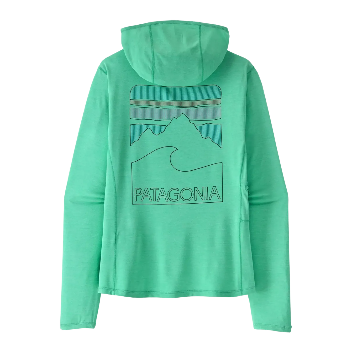 Patagonia Women's Capilene® Cool Sun Hoody - Peak Visions in Aqua Stone Teal X Dye, back view flat