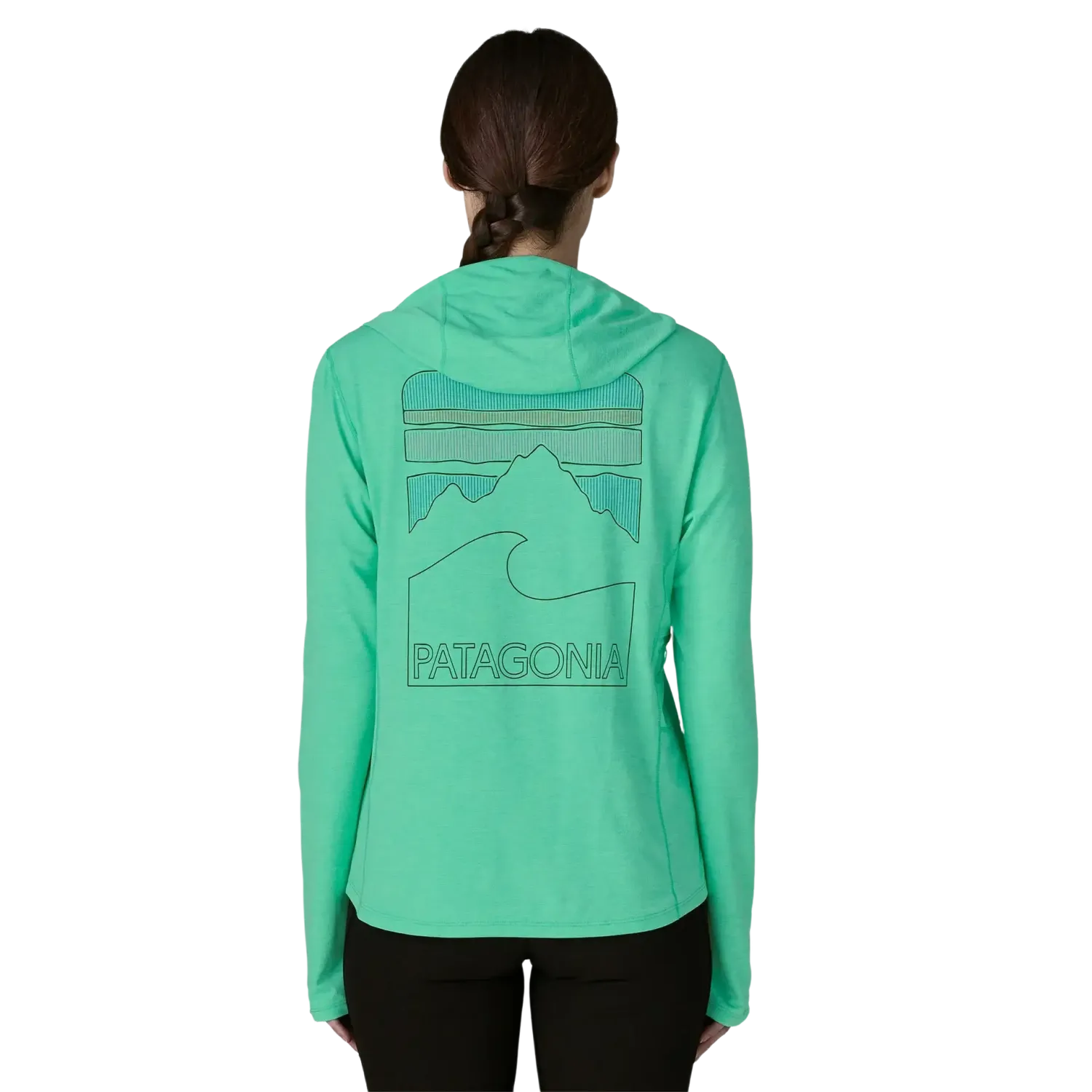 Patagonia Women's Capilene® Cool Sun Hoody - Peak Visions in Aqua Stone Teal X Dye, back view on model 
