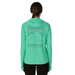 Patagonia Women's Capilene® Cool Sun Hoody - Peak Visions in Aqua Stone Teal X Dye, back view on model 