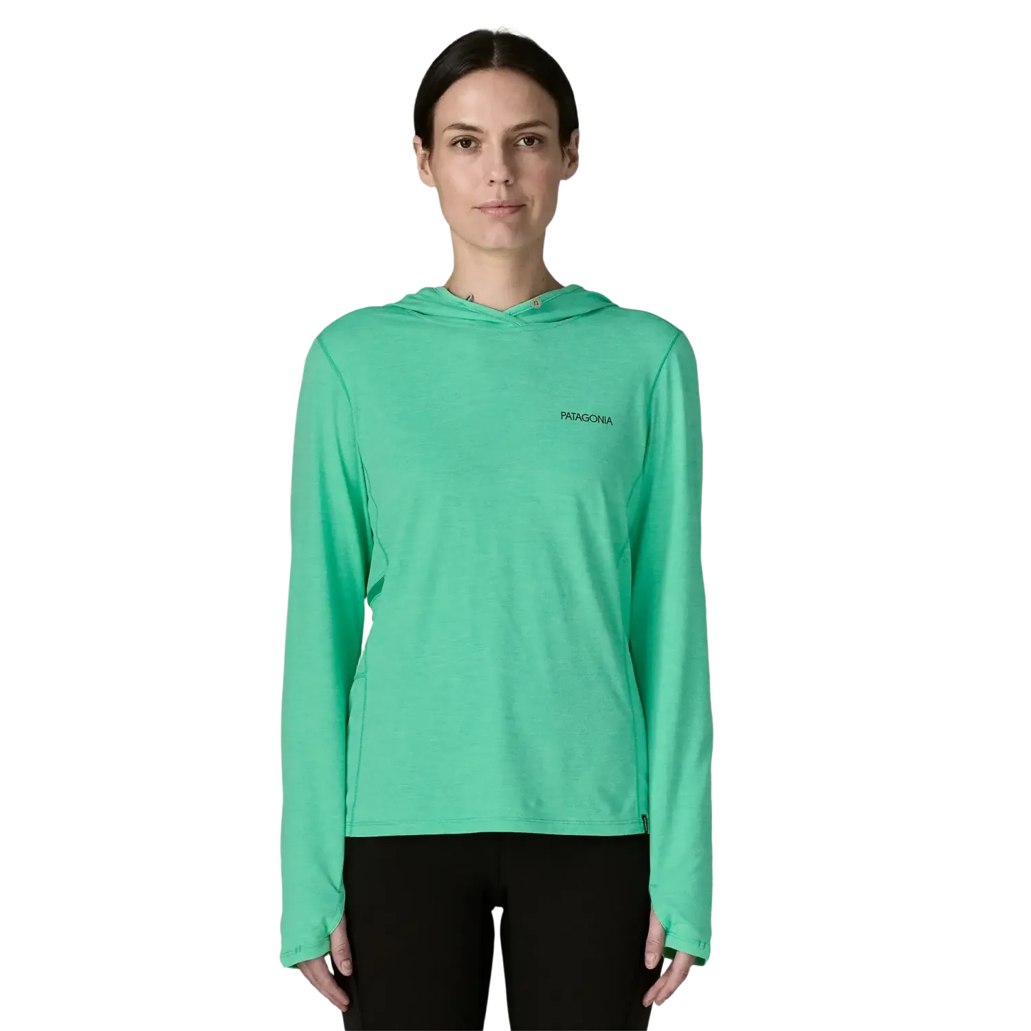 Patagonia Women's Capilene® Cool Sun Hoody - Peak Visions in Aqua Stone Teal X Dye, front view on model