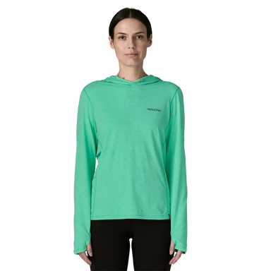 Patagonia Women's Capilene® Cool Sun Hoody - Peak Visions in Aqua Stone Teal X Dye, front view on model