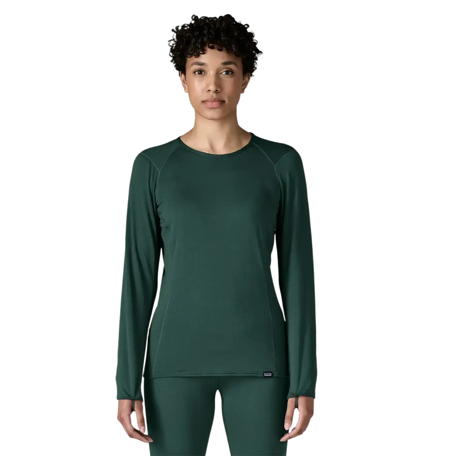 Patagonia Women's Capilene® Thermal Weight Crewneck in Cascade Green, front view on model