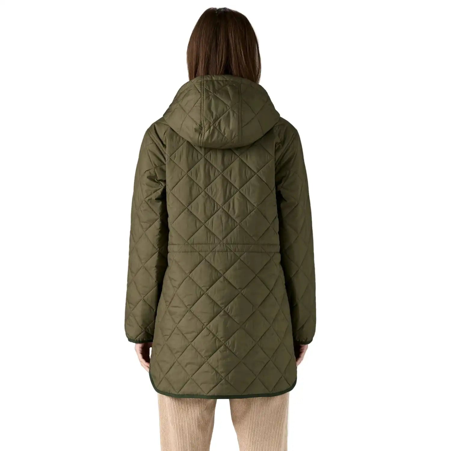 Patagonia Women's Diamond Quilted Parka in Basin Green, back view on model