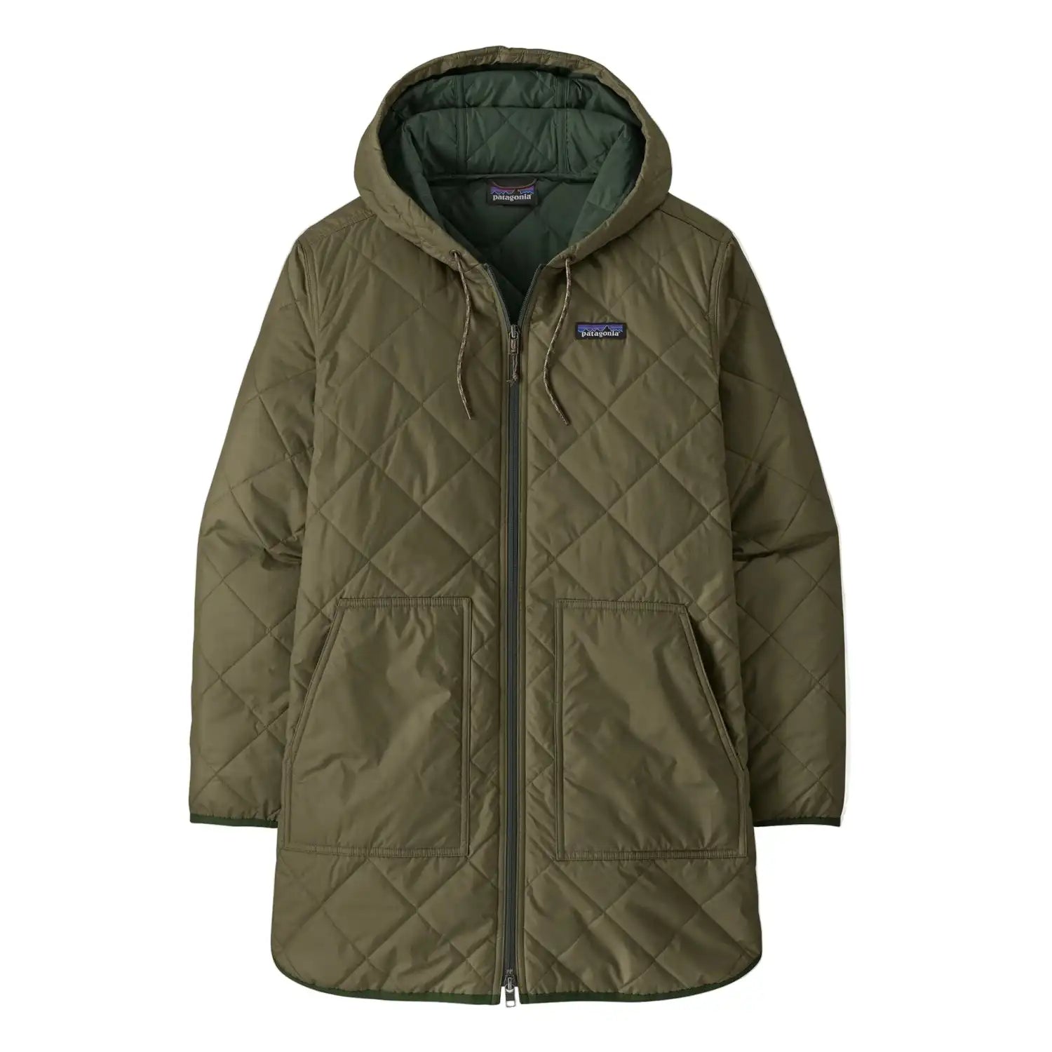 Patagonia Women's Diamond Quilted Parka in Basin Green, front view flat