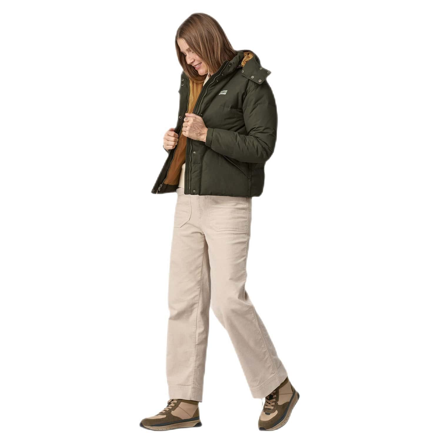 Patagonia W's Downdrift Insulated Jacket, Pine Needle Green, front and side view on model 