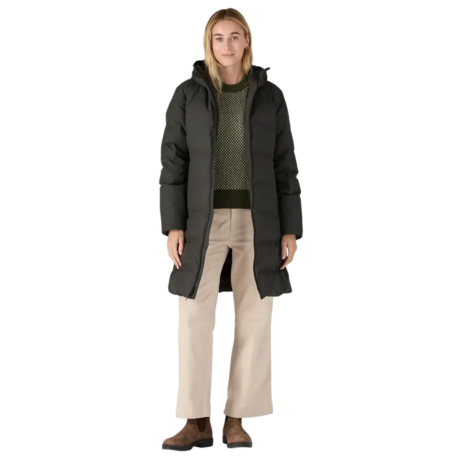 Patagonia Women's Jackson Glacier Parka in Black, front view on model 