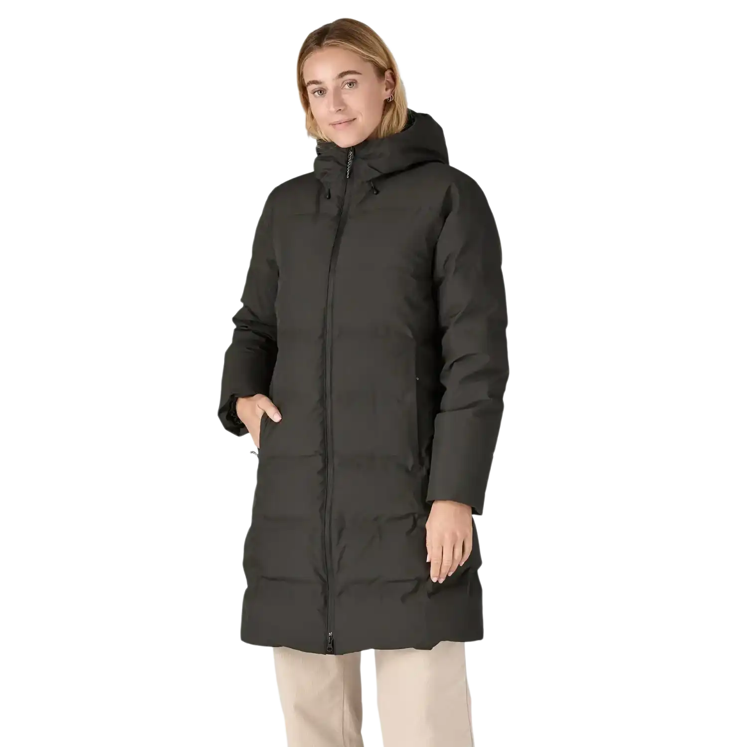 Patagonia Women's Jackson Glacier Parka in Black, front view on model 