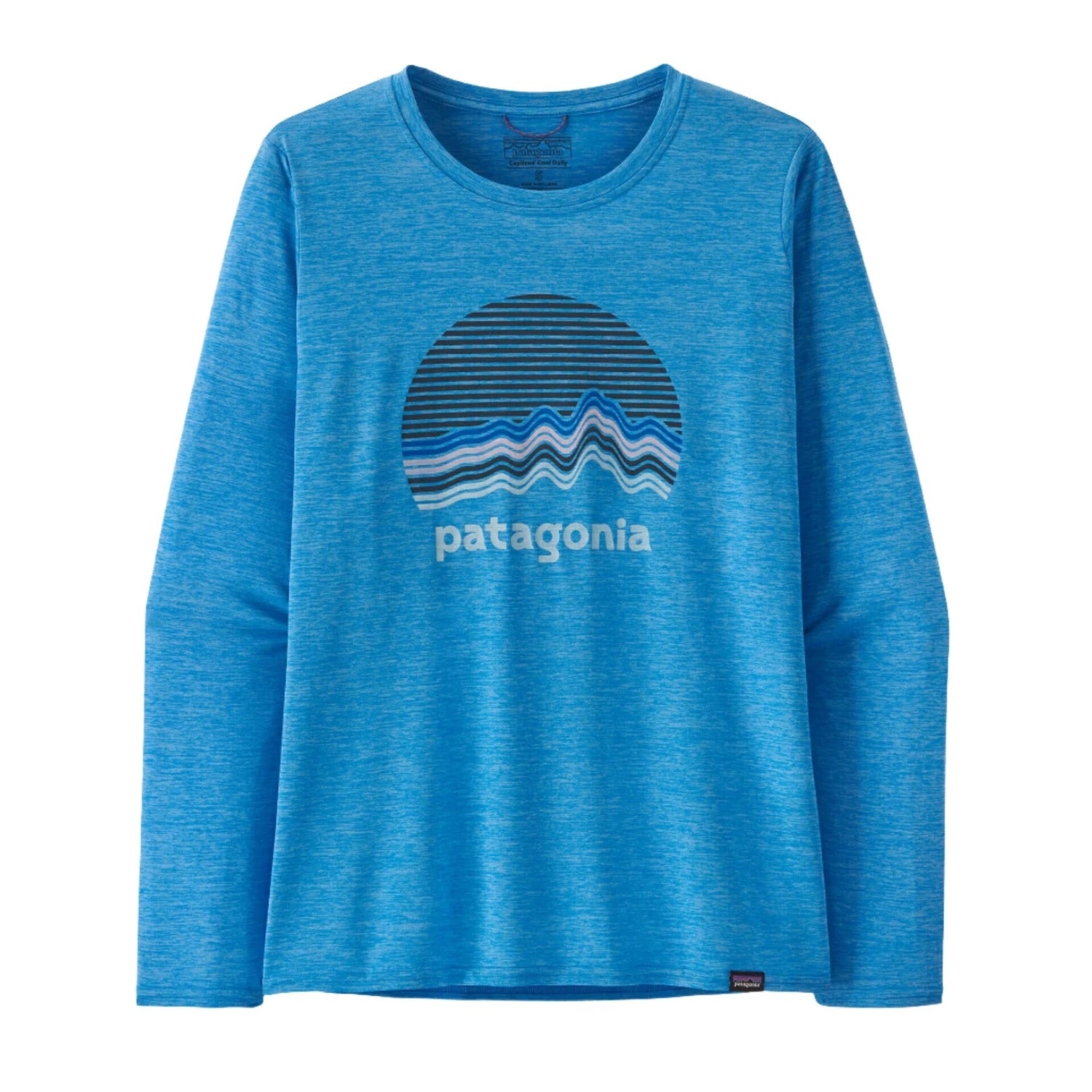 Patagonia W's Long-Sleeved Capilene® Cool Daily Graphic Shirt, Ridge Rise Moonlight: Vessel Blue X Dye, front view flat 