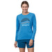 Patagonia W's Long-Sleeved Capilene® Cool Daily Graphic Shirt, Ridge Rise Moonlight: Vessel Blue X Dye, front view on model