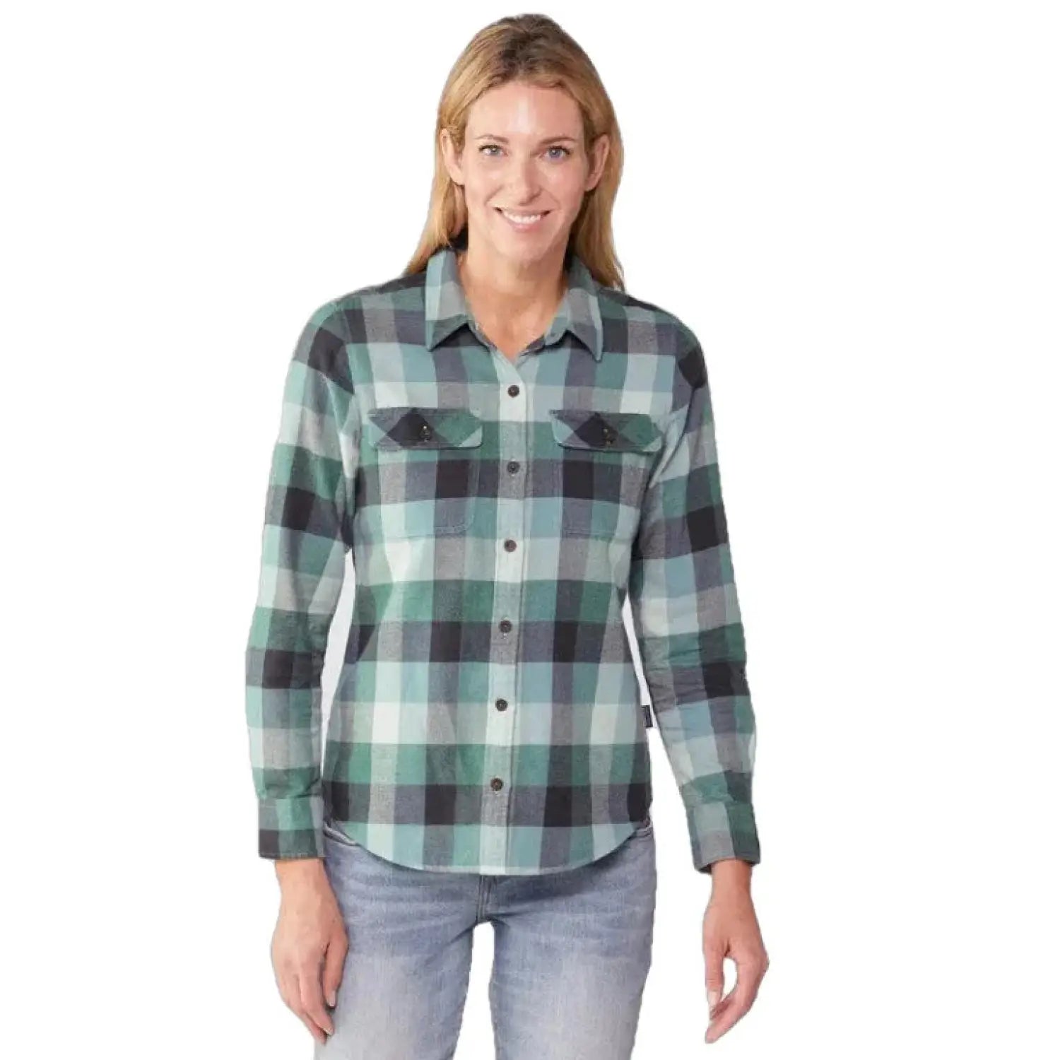  Long-Sleeved Organic Cotton Midweight Fjord Flannel Shirt Guides Nouveau Green Model Front View