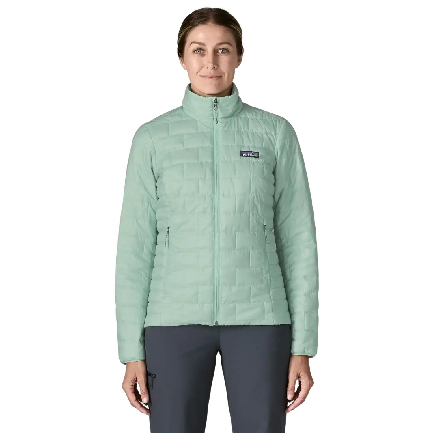 Patagonia Women's Nano Puff® Jacket in Thin Ice, front view on model 