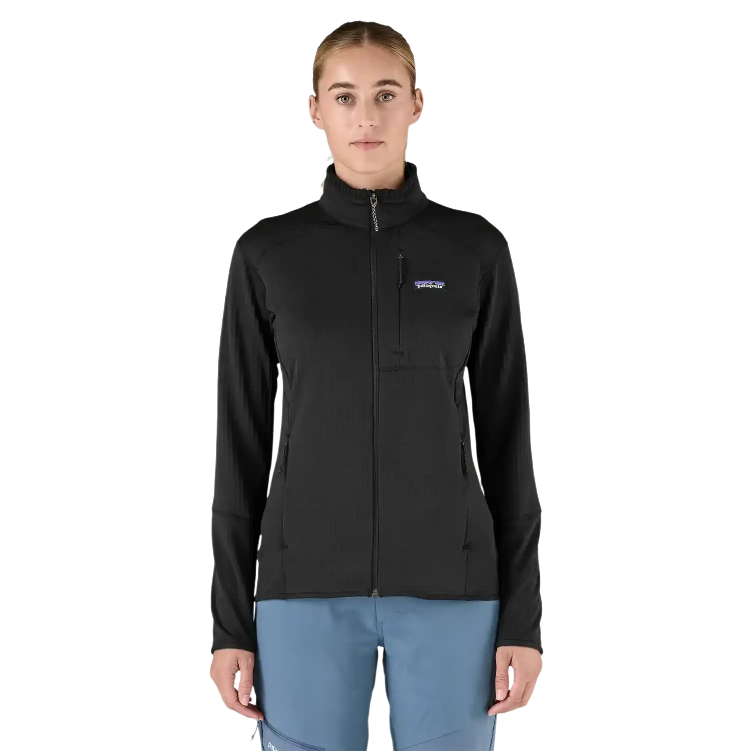 Patagonia Women's R1® Fleece Jacket in Black, front view on model 
