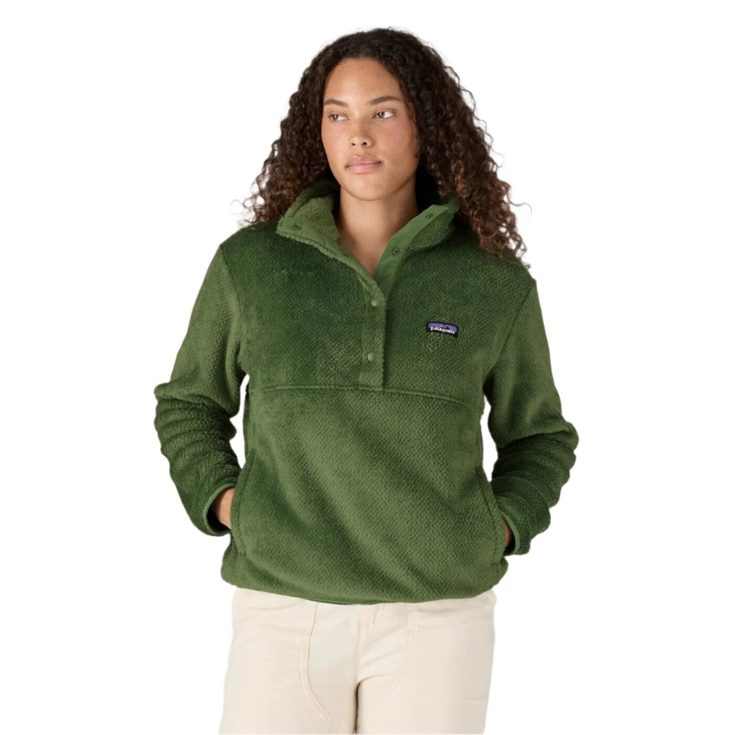 Patagonia W's Retool 1/2 Snap Pullover, Terrain Green, front view on model