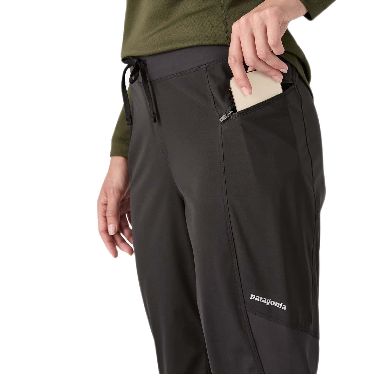 Patagonia W's Wind Shield Pants, Black, view of pocket on model 