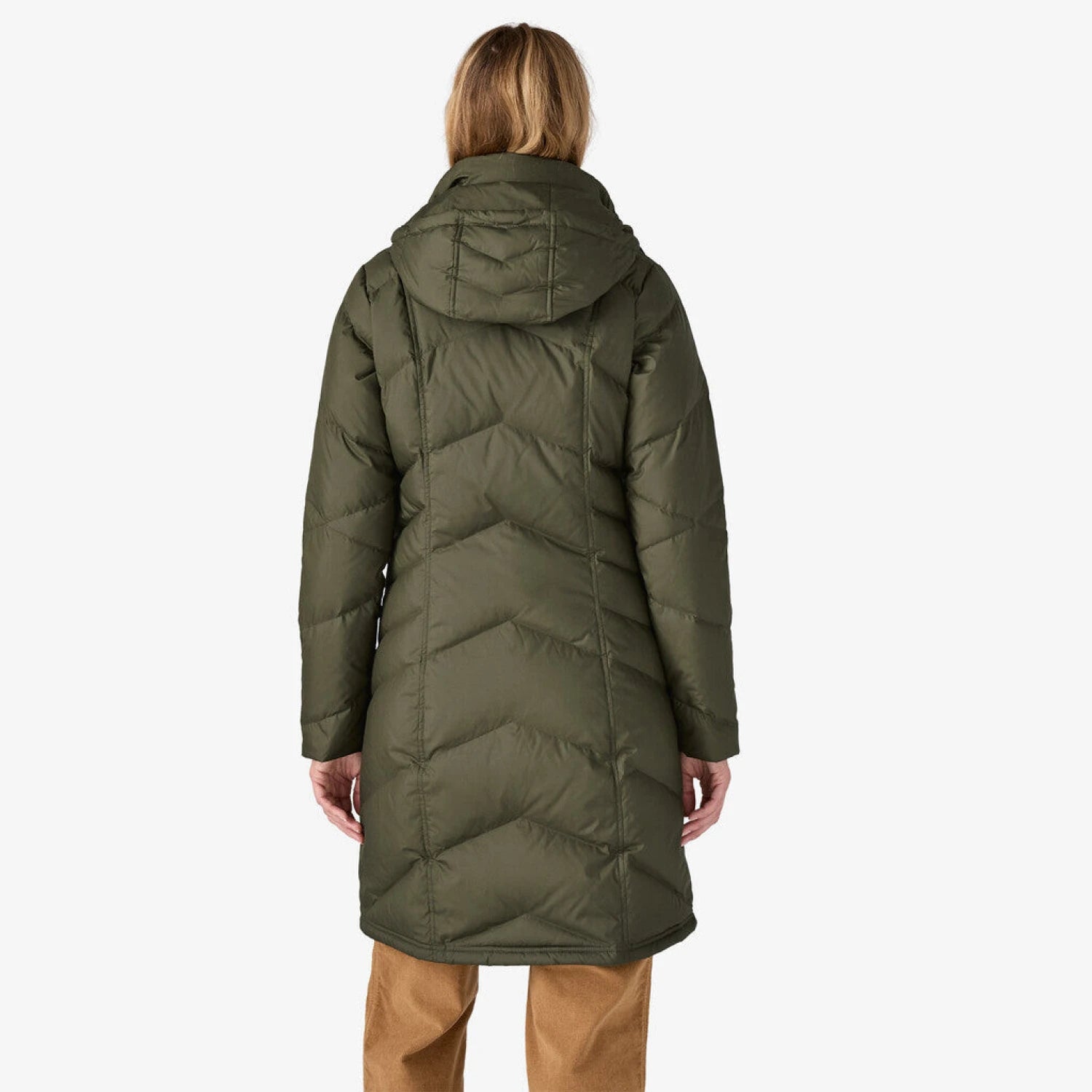 Patagonia Women's Down With It Parka shown in Pine Needle Green, back view on model.