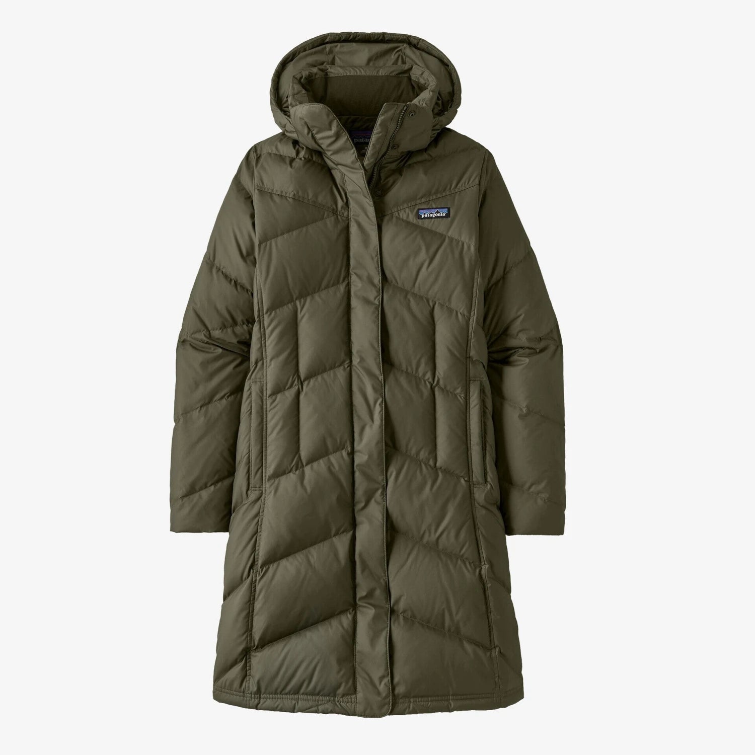 Patagonia Women's Down With It Parka shown in Pine Needle Green, front view.