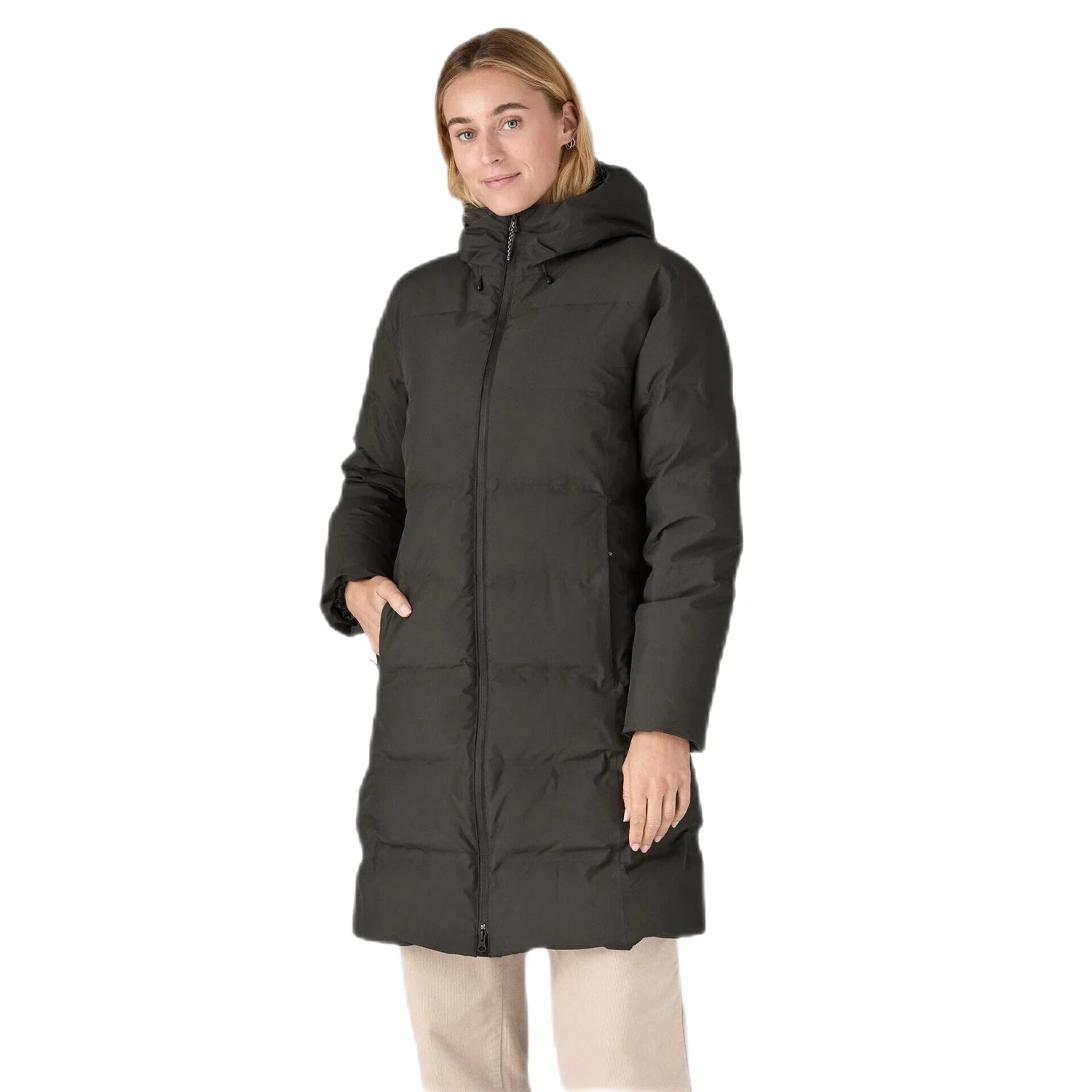 Patagonia W's Jackson Glacier Parka, Black, front view on model with jacket zipped up