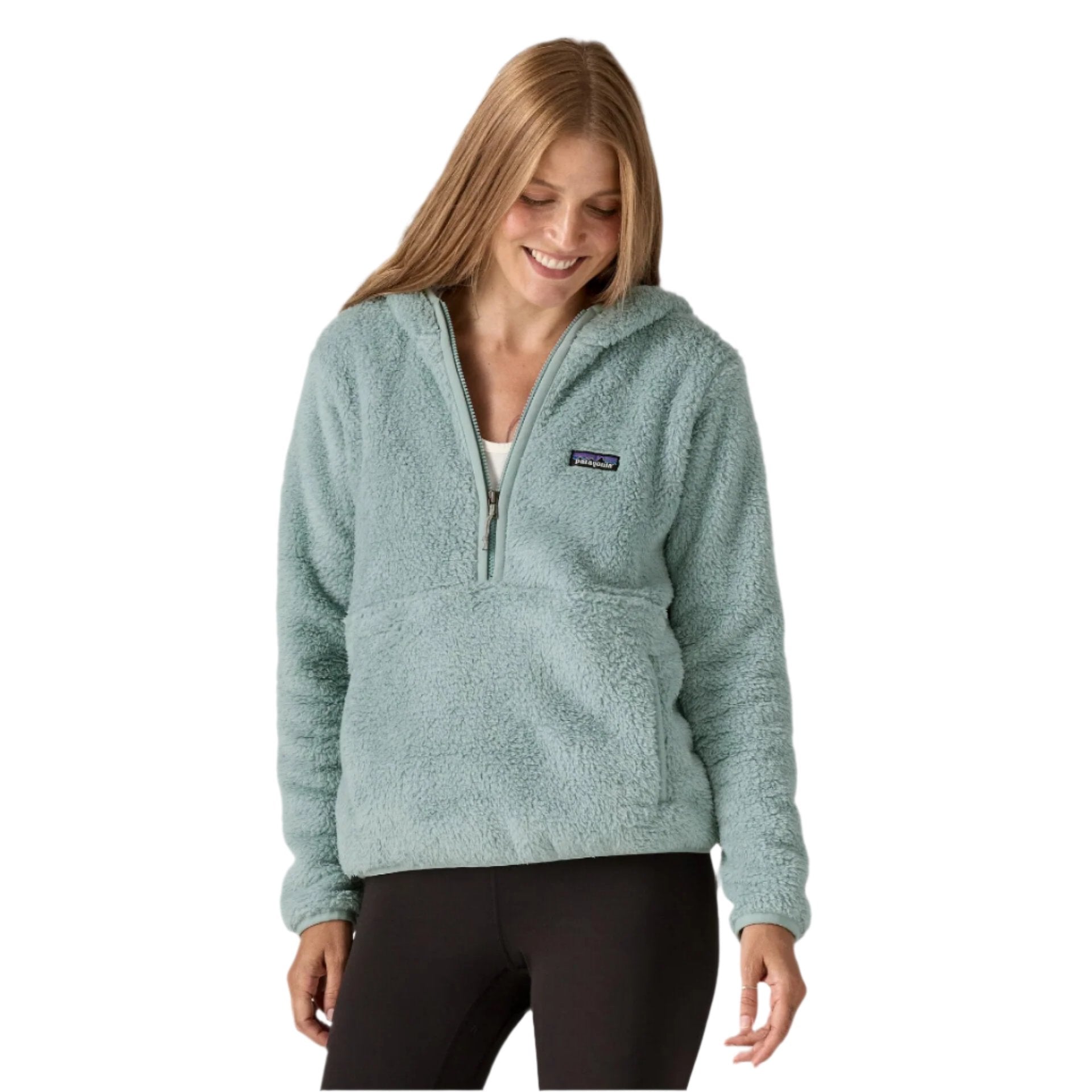 patagonia womens los gatos hoodie fleece pullover in thermal blue front model view