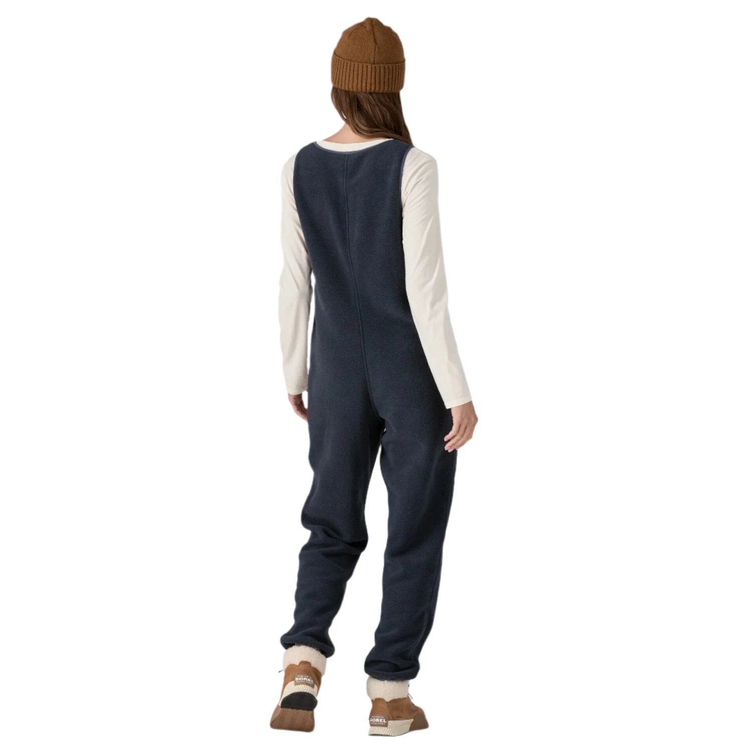 patagonia womens sychilla fleece jumpsuit in pitch blue back model view