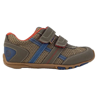 Pediped Flex® Gehrig Kids Shoes shown in Earth - side view. Brown Shoe with blue and red accent colors. 