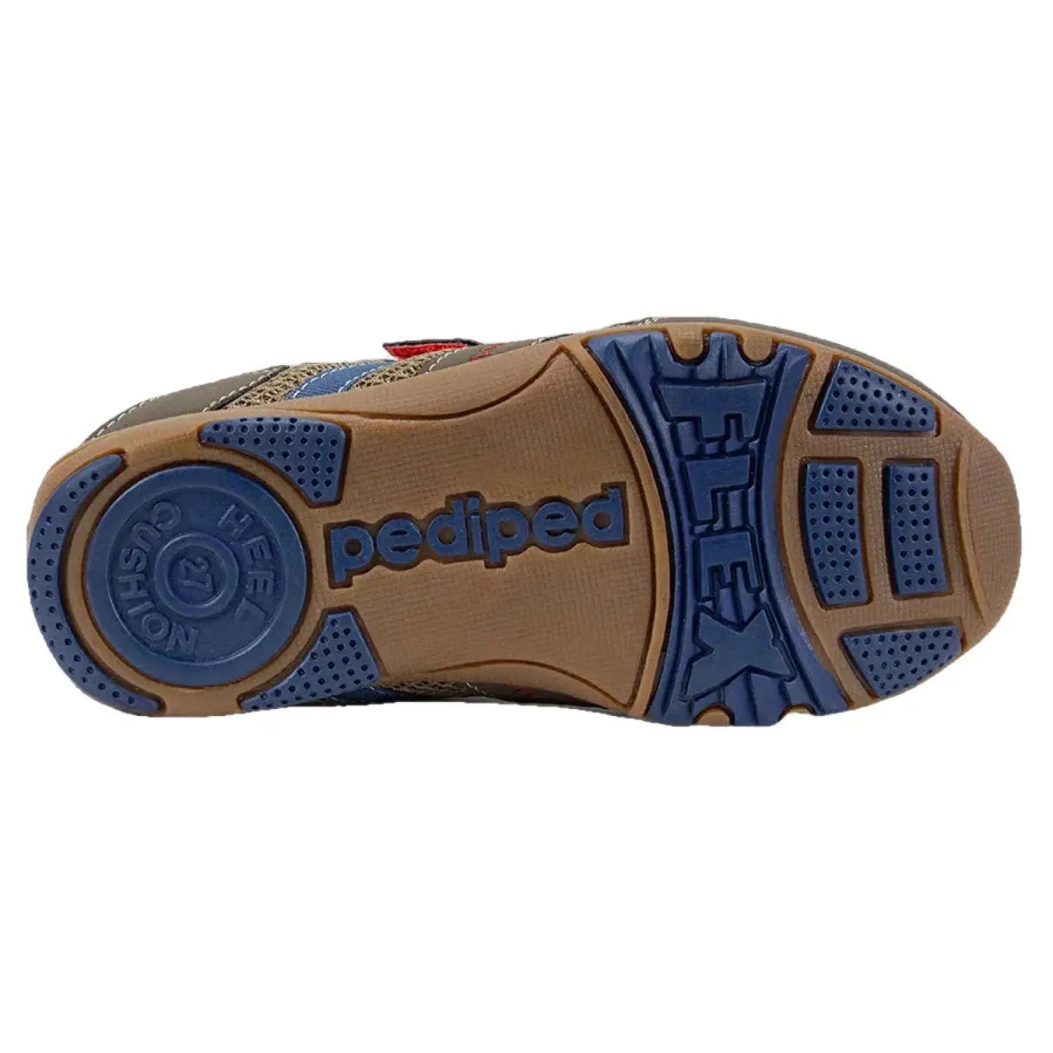 Pediped Flex® Gehrig Kids Shoes shown in Earth - sole view. Brown and blue accent colors. 